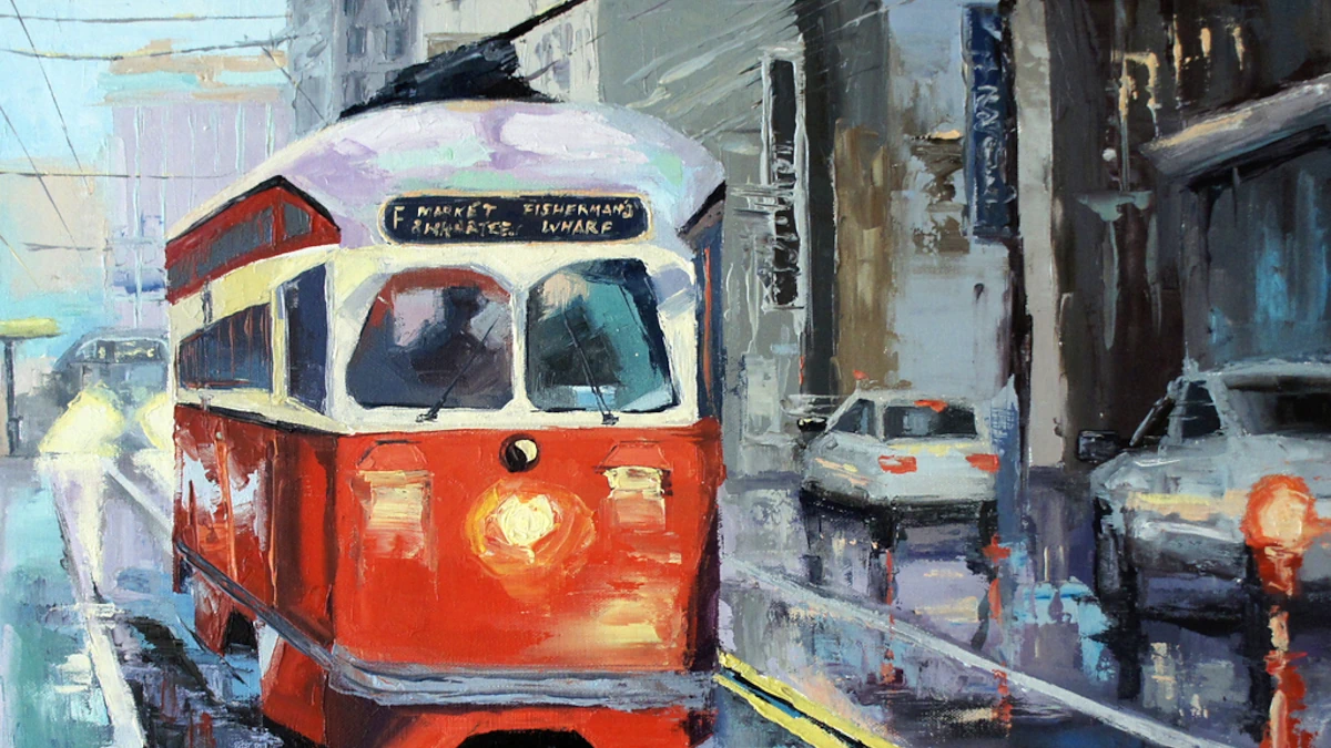 Nina Fabunmi, 'Perfect Day.' Oil on canvas. A contemporary impressionist study of San Francisco’s transit history and urban atmosphere, used as the primary visual identity for the What Cheer House About page.