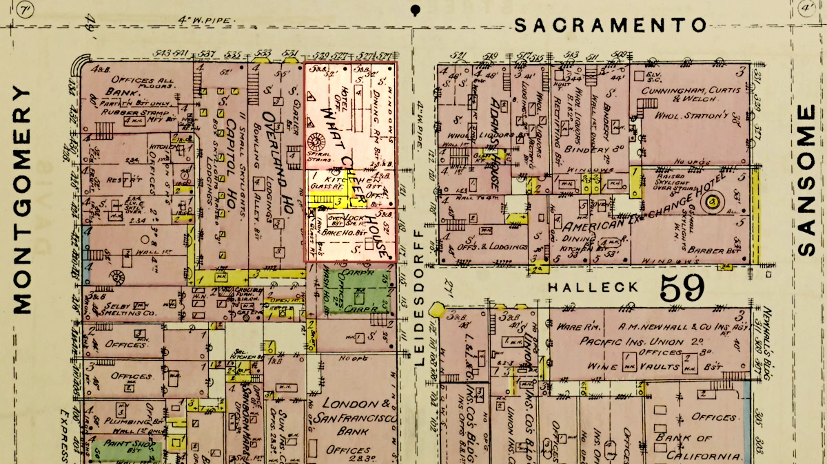 Detail from an 1887 Sanborn fire insurance map of San Francisco, showing the What Cheer House near Sacramento and Leidesdorff streets.
